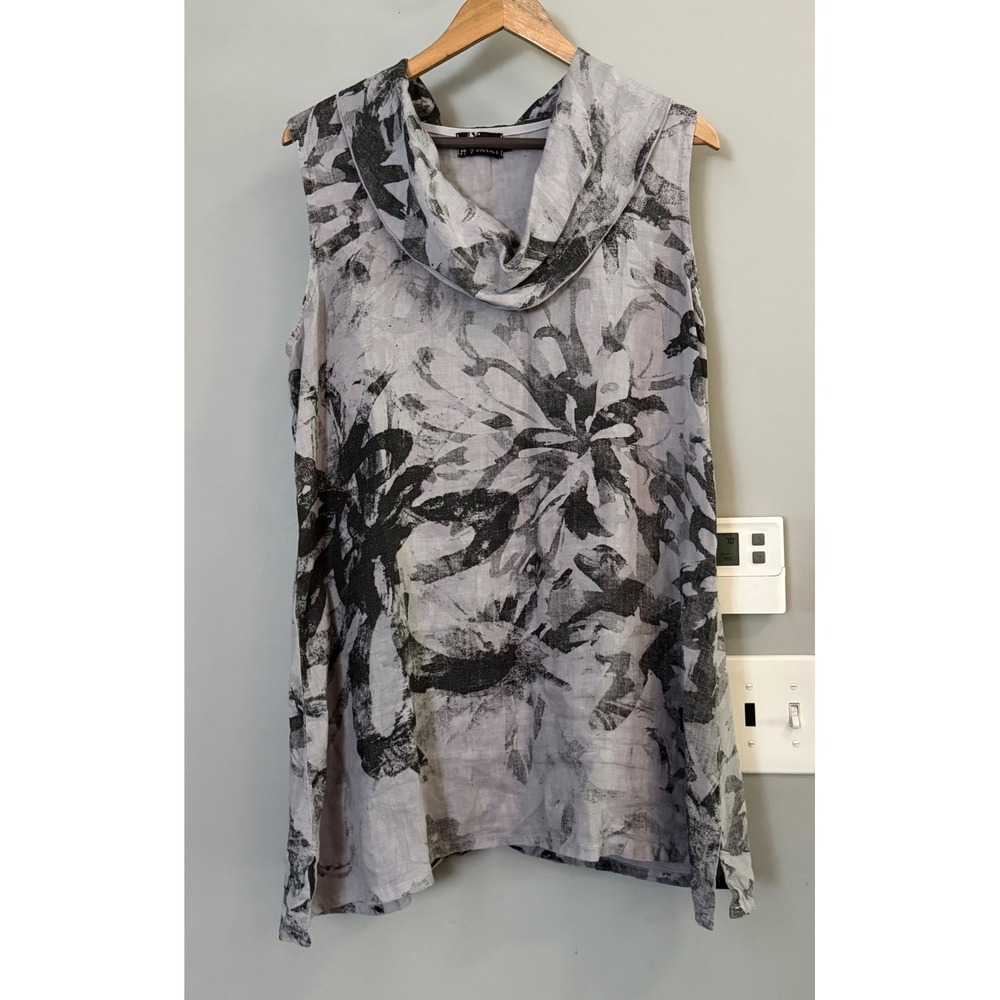 Fenini Tunic Women Medium Gray Abstract Floral 100% Linen Cowl Neck Lagenlook